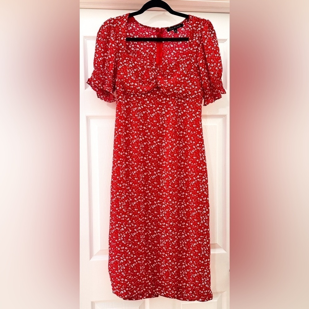 Ryan Michelle Floral Puff Sleeve Sweetheart neckline Vintage Midi Dress Red sz M